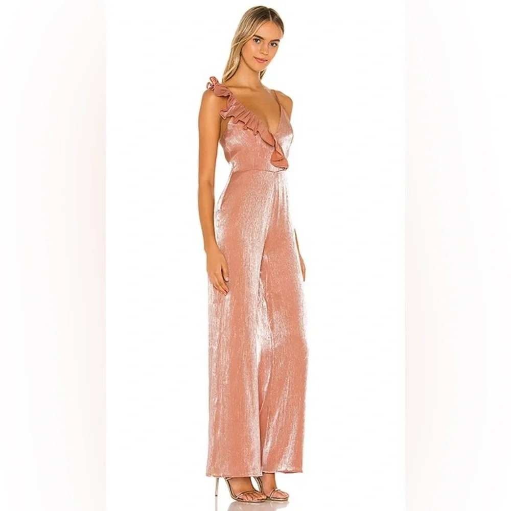 Lovers + Friends Rodin Rose Gold Plisse One Shoulder Ruffle Wide Leg Jumpsuit S